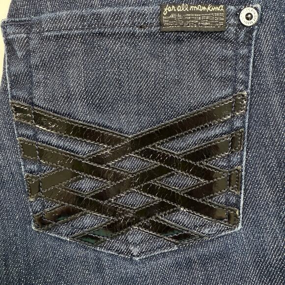 7 For All Mankind Dojo Flare Jeans Low Rise Lattice Patent Leather Pocket Sz 26 - Picture 6 of 10